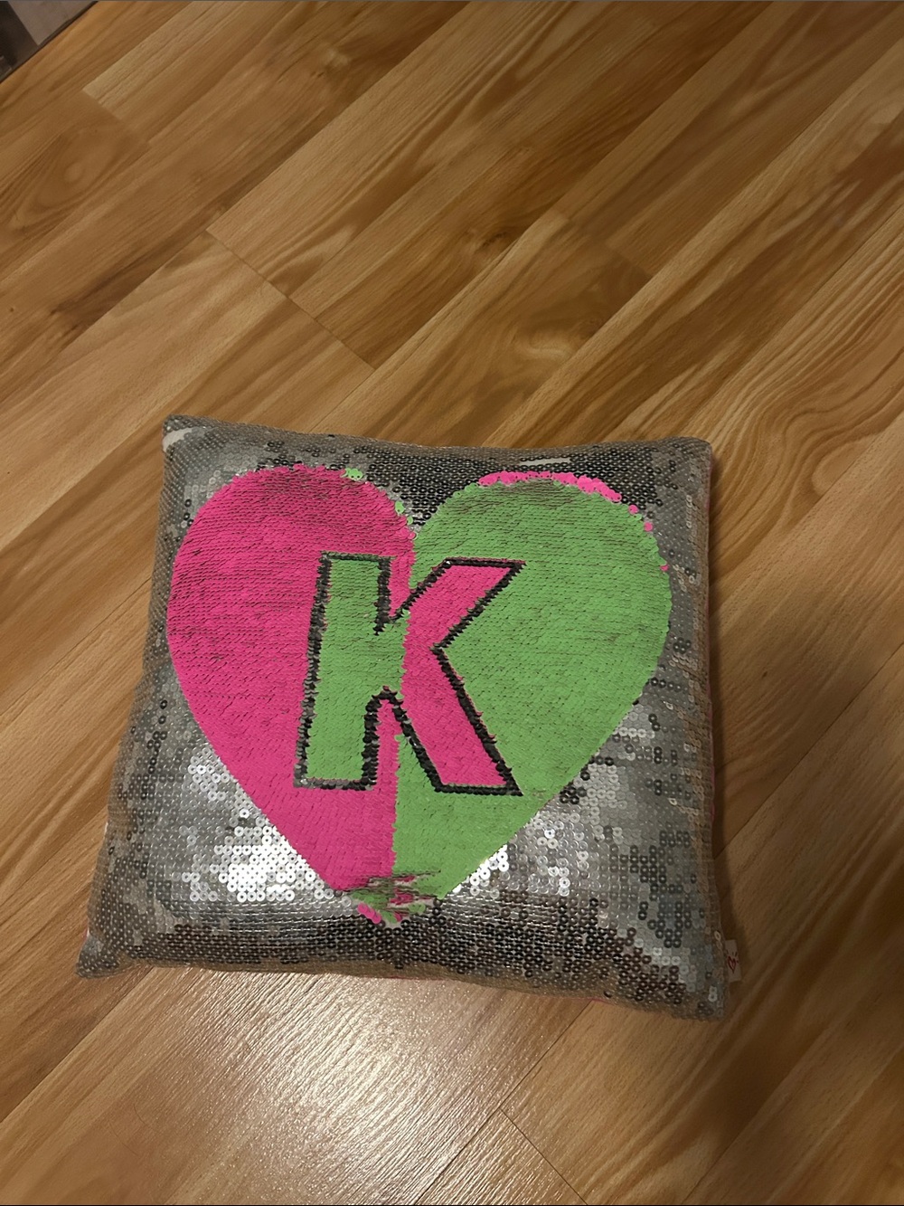 Justice Sequin Pillow Pink Green Heart with K